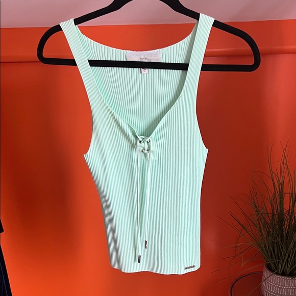 Guess Mint Ribbed Tie-Front Tank Top - Picture 1 of 1